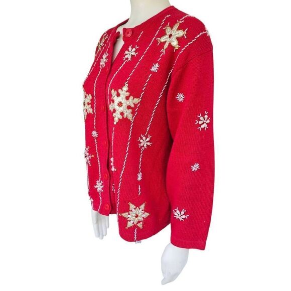 Bobbie Brooks Women’s M Christmas Sweater Cardigan Red Snowflake Beaded Holiday - Picture 3 of 12